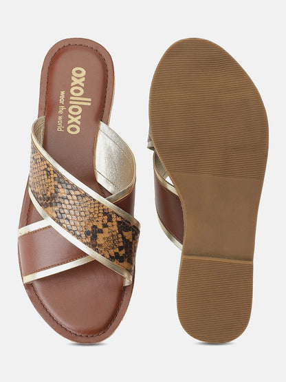 Elegant Brown Animal Print Cross Strap Open Back Sandals