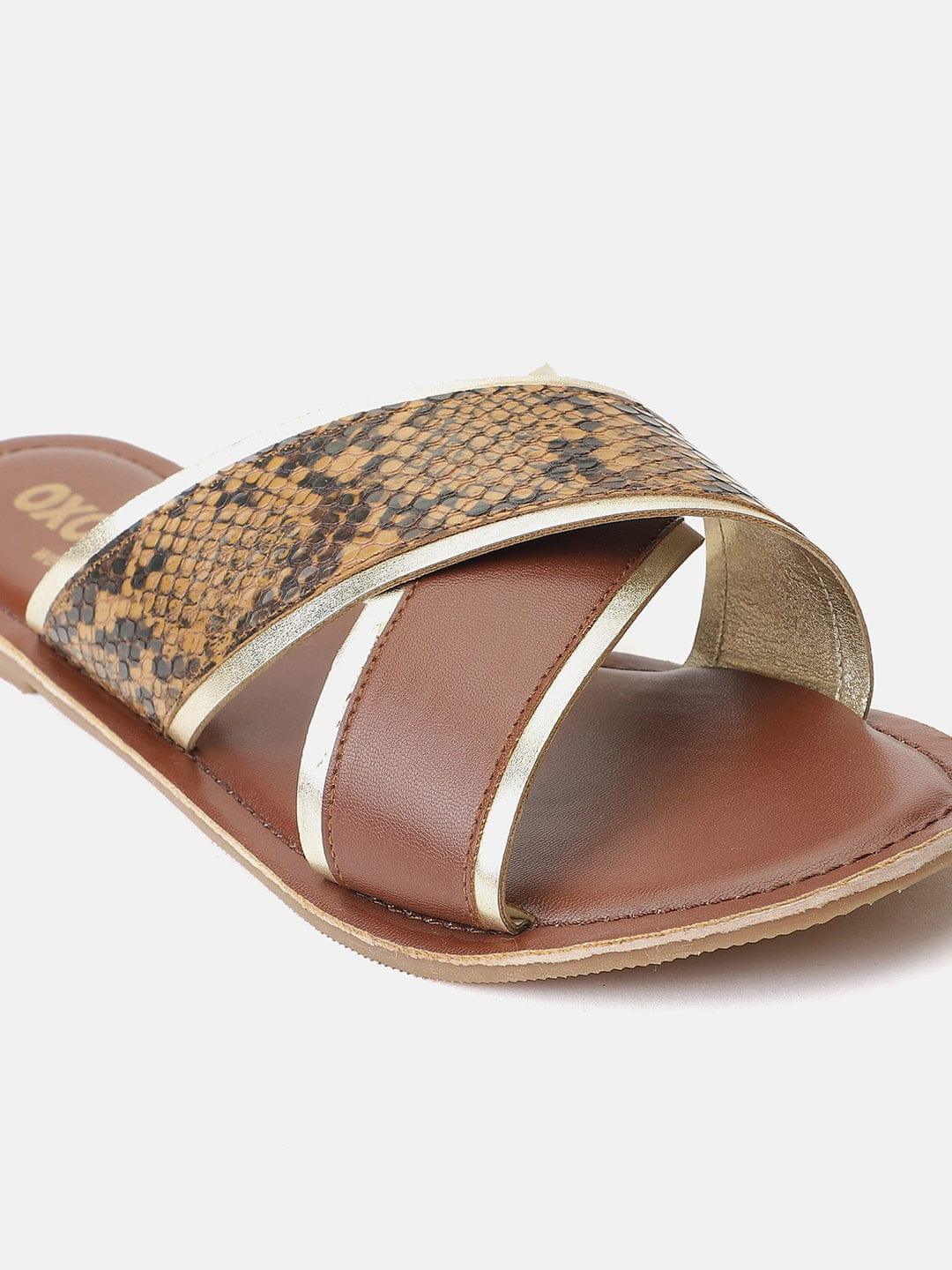 Elegant Brown Animal Print Cross Strap Open Back Sandals