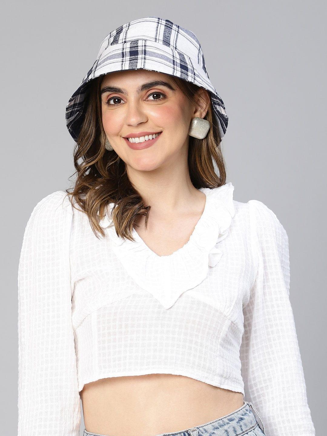 White Check Print Reversible Women Cotton Bucket Hat Today