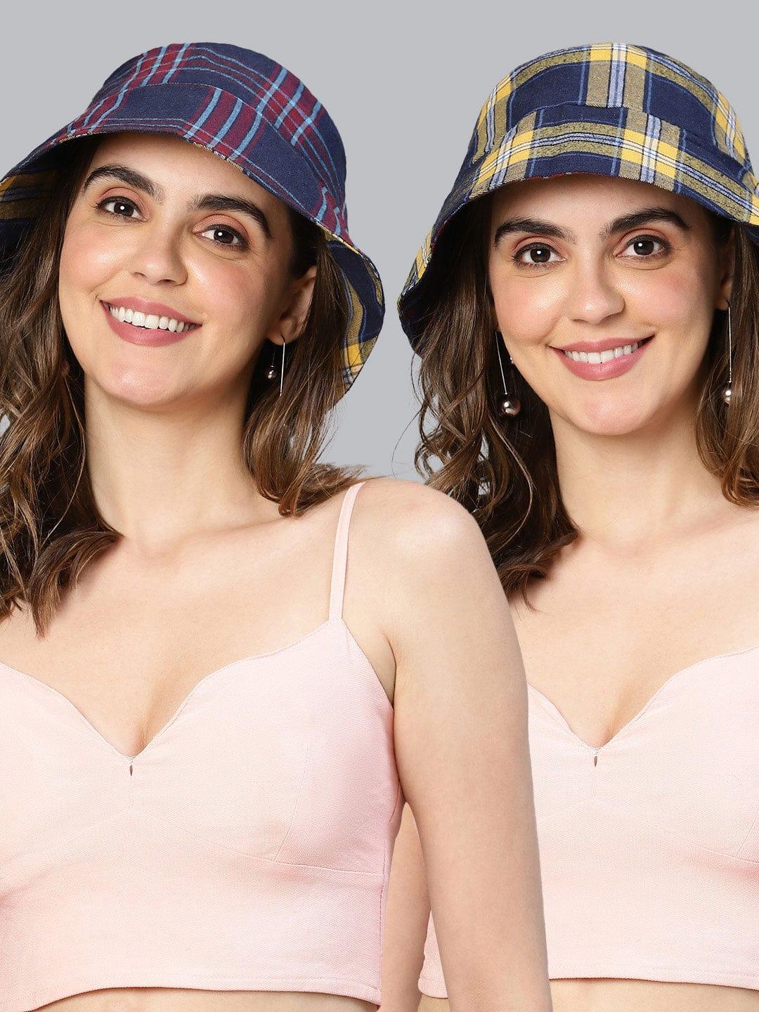 Stale Blue Check Print Reversible Women Cotton Bucket Hat