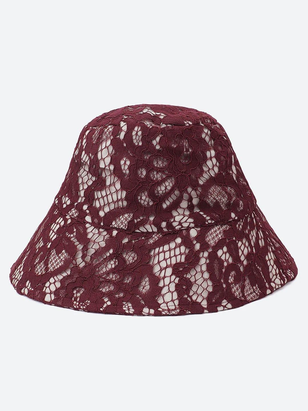 Big Burgundy Lace Fabric Women Bucket Hat For Women