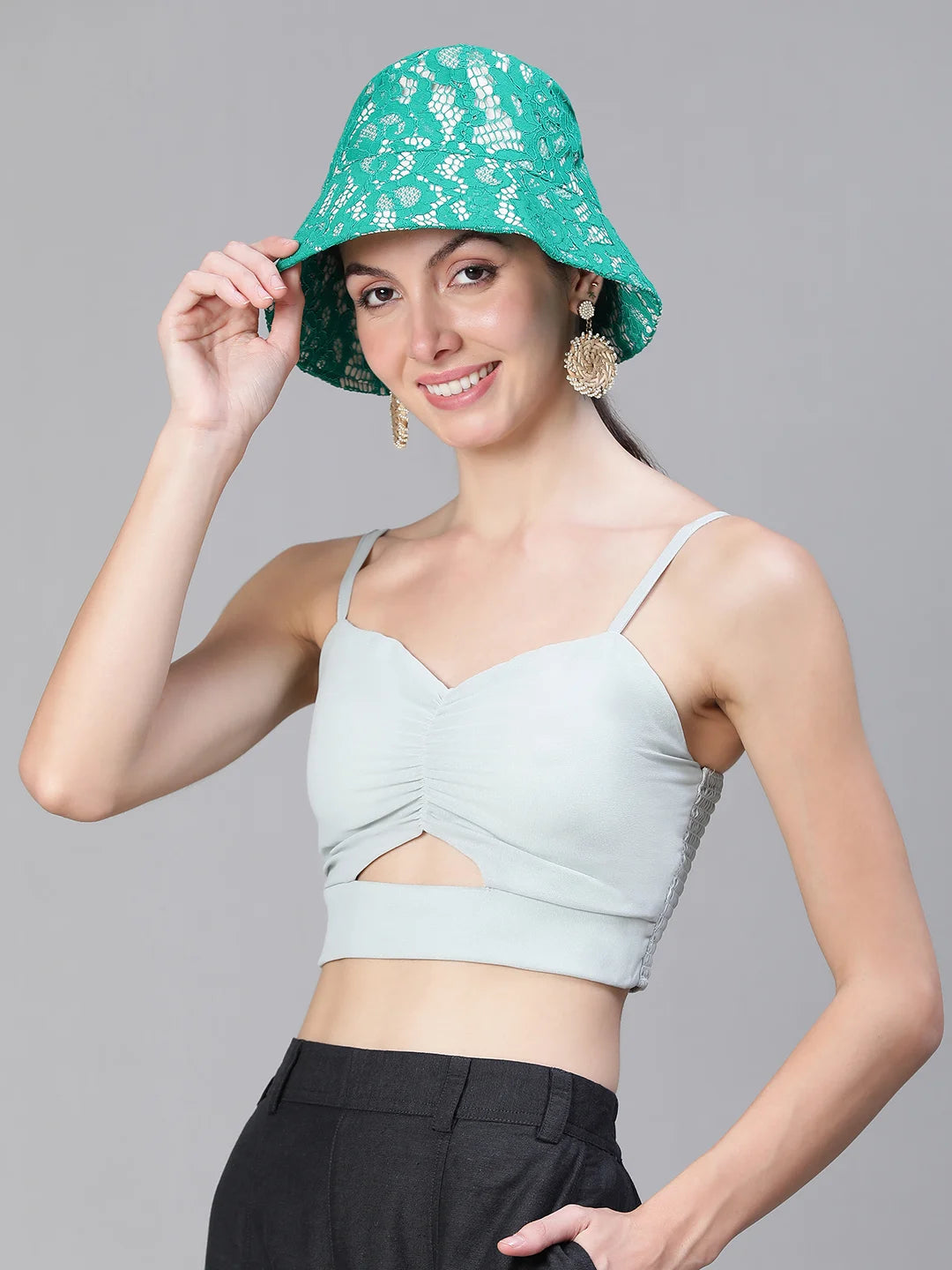 Godly Green Lace Fabric Women Bucket Hat For Summer Fun