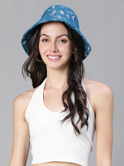 Roamed Blue Lace Fabric Women Bucket Hat For Summer