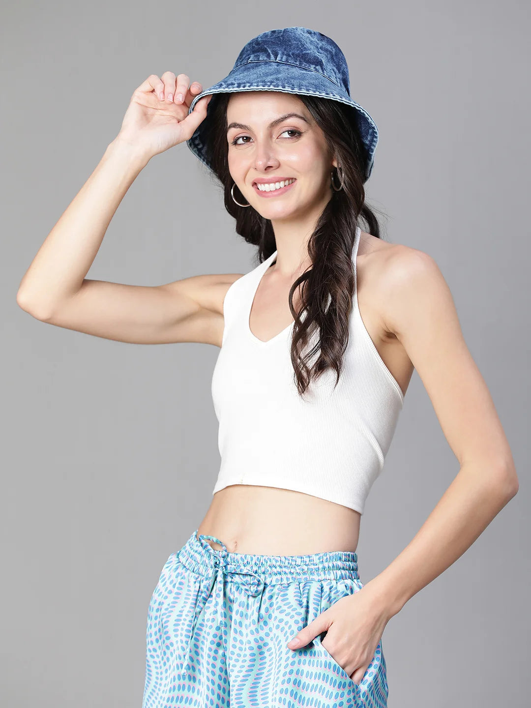 Trendy Blue Solid Women Cotton Bucket Hat For Summer