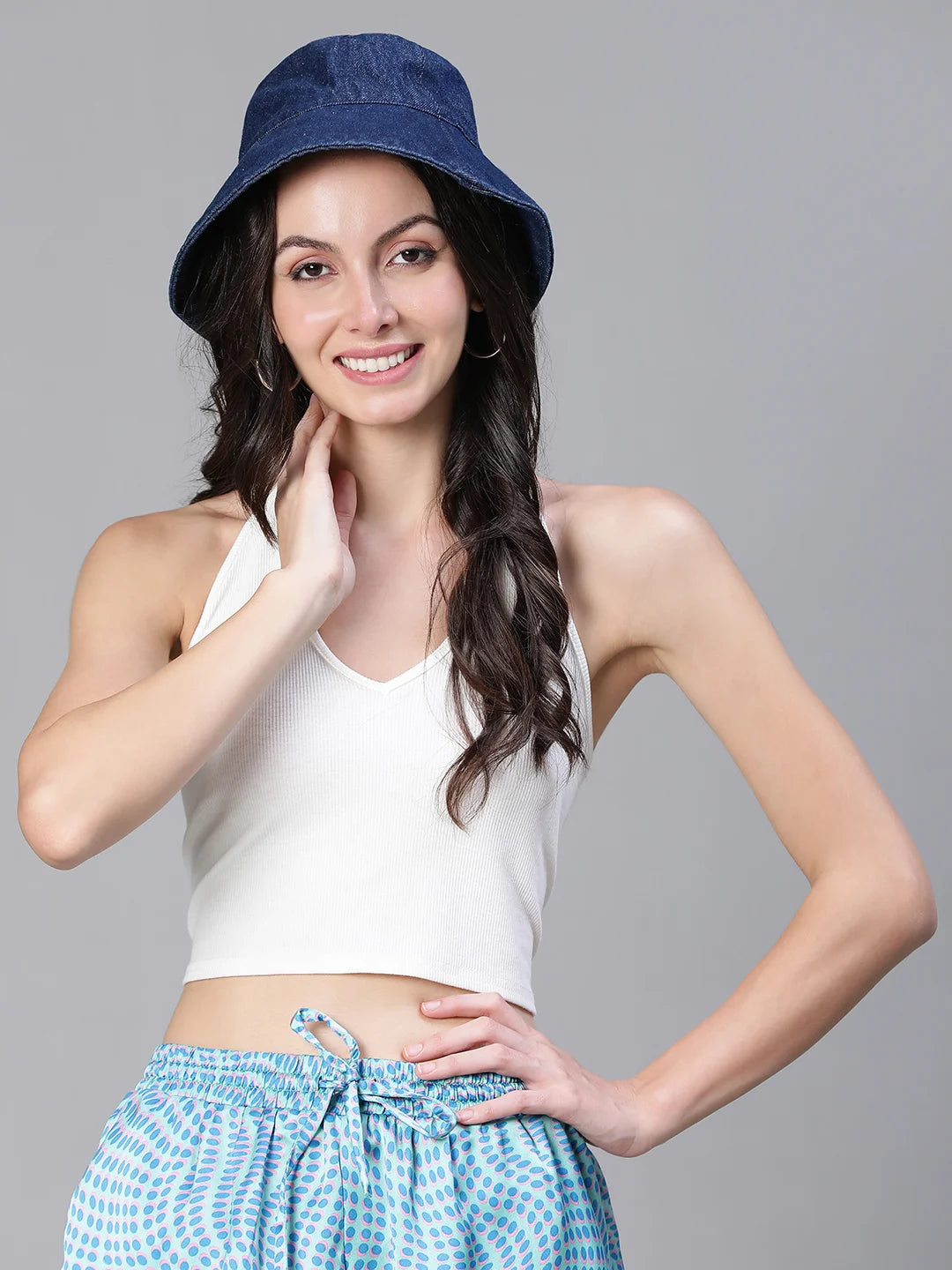 Daring Dark Blue Solid Women Cotton Bucket Hat Today