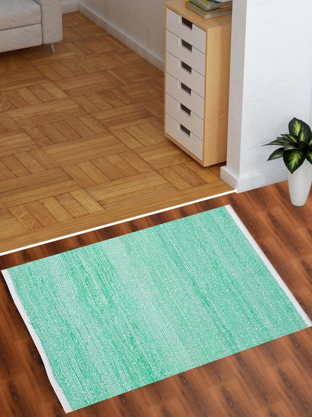 Sea Green Woven Design Rectangle Shape Rug For Home