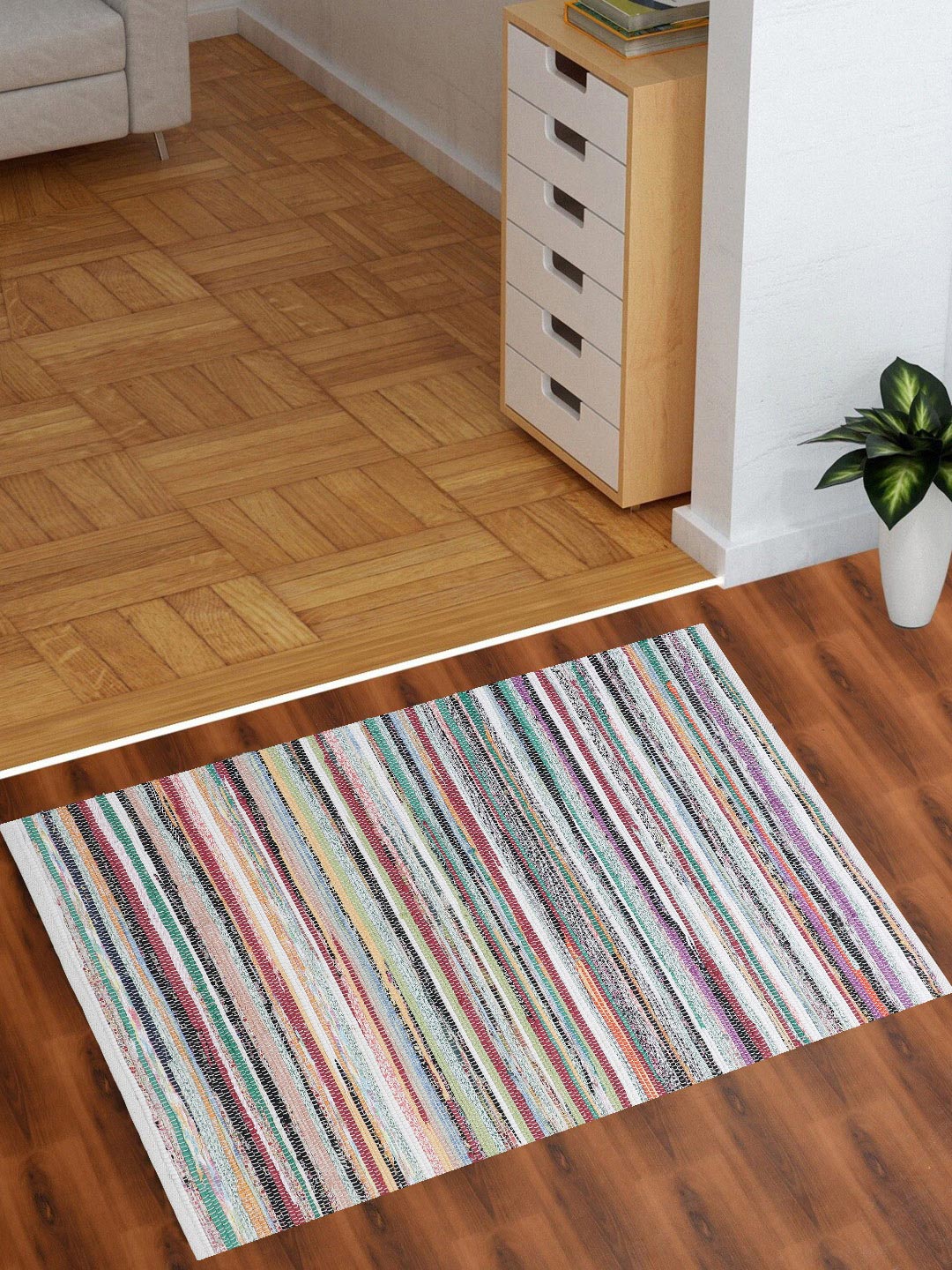 Color Waved Rectangle Shape Cotton Rug For Unique Decor