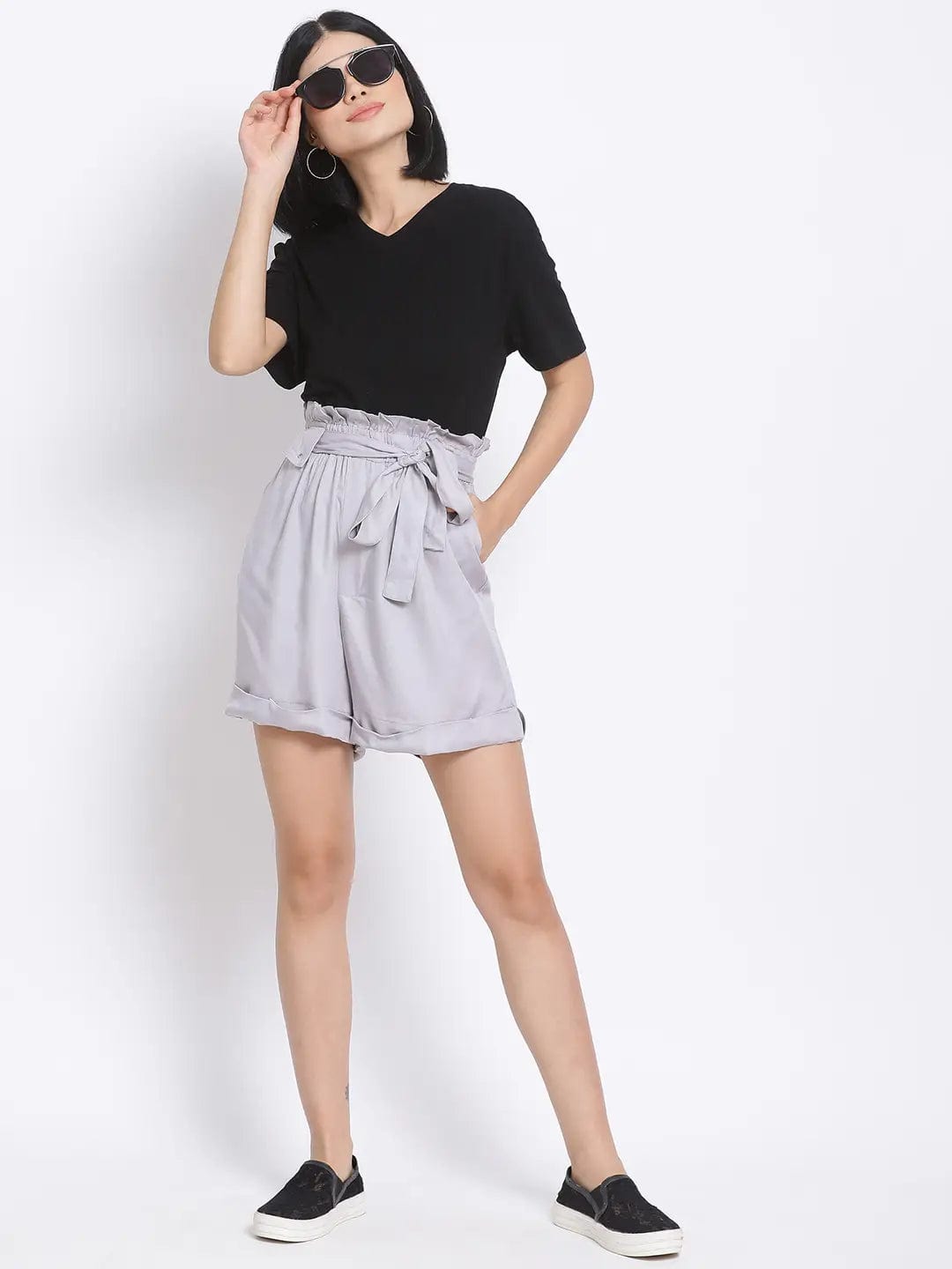 Smoke Grey Paperbag Women'S Shorts