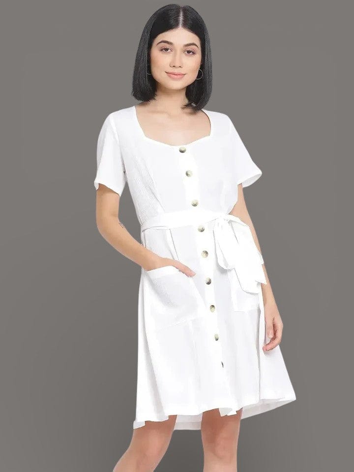 White Button A-Line Dress - Women's Casual Polyester Dress with Pockets & Fabric Belt