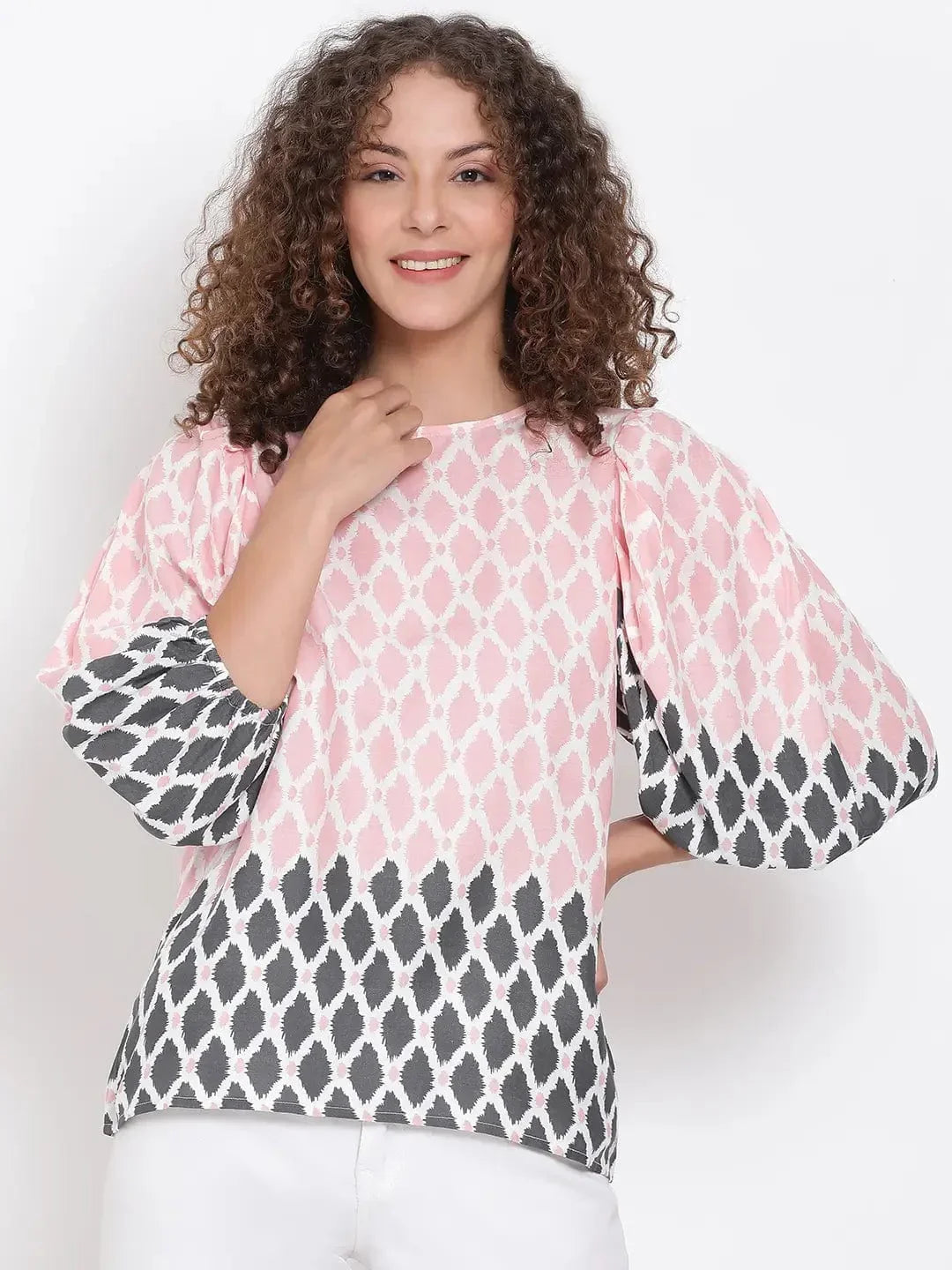 Peach Printed Statement Sleeve Top - oxolloxo