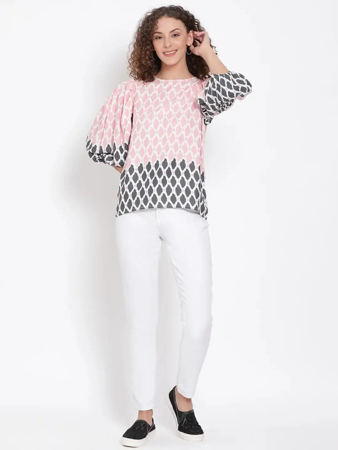 Peach Printed Statement Sleeve Top - oxolloxo