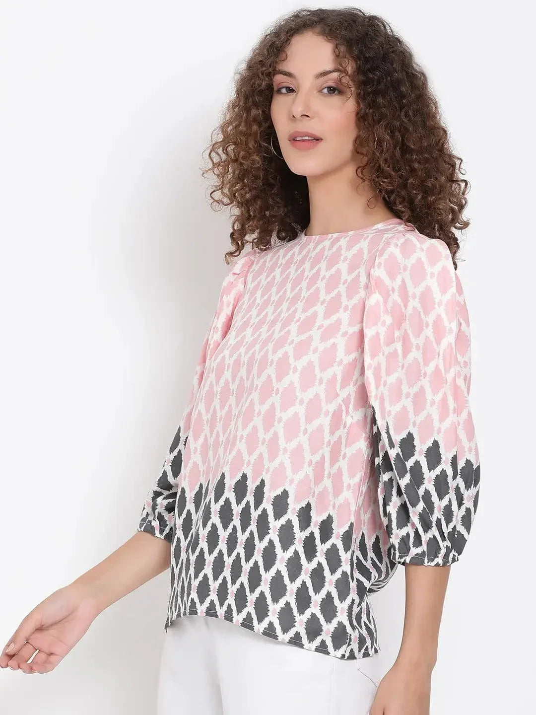 Peach Printed Statement Sleeve Top - oxolloxo