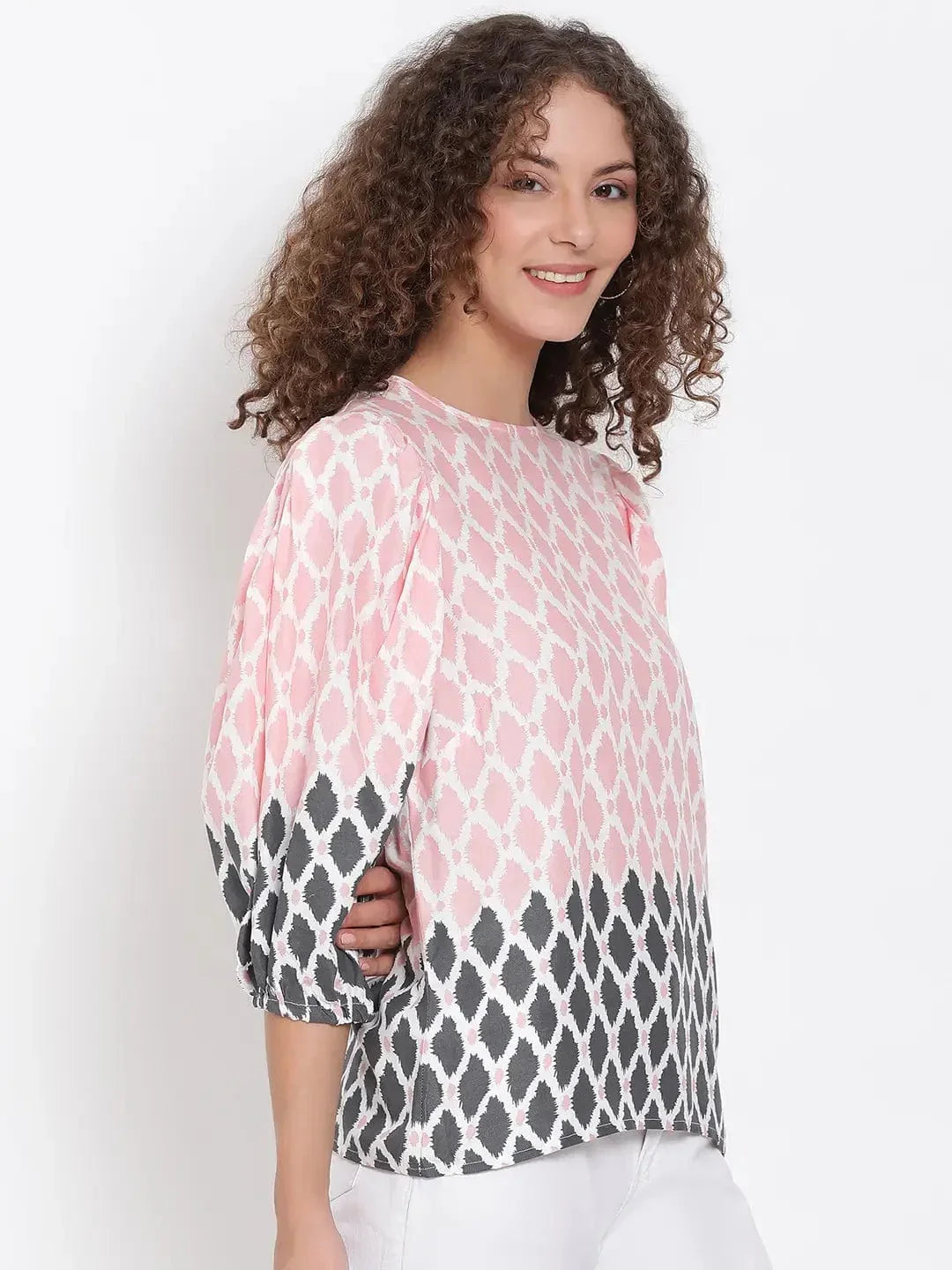 Peach Printed Statement Sleeve Top - oxolloxo