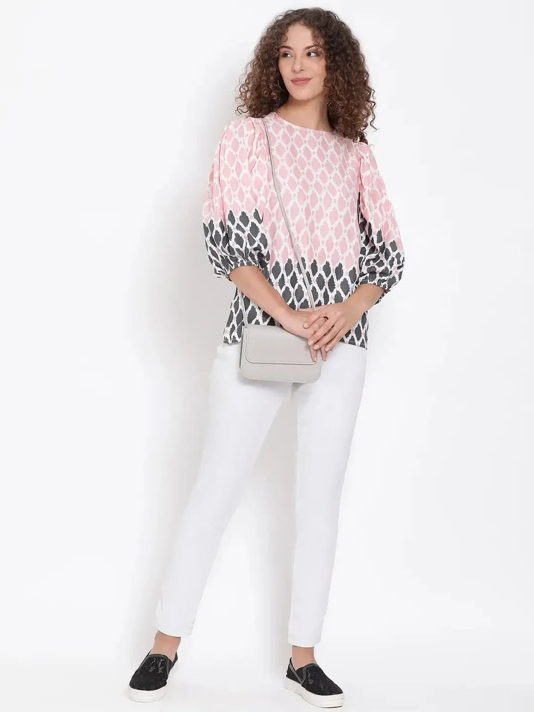 Peach Printed Statement Sleeve Top - oxolloxo