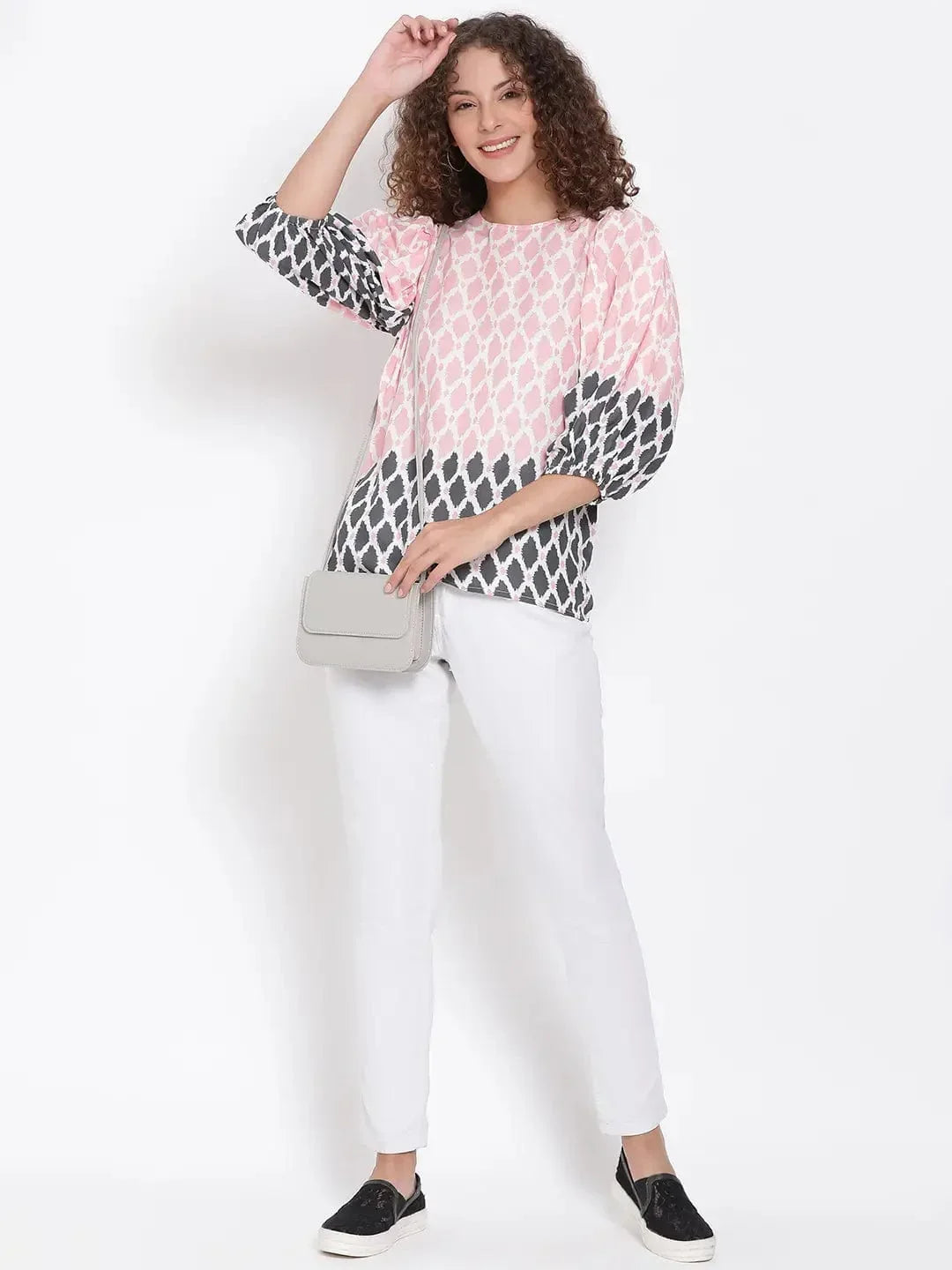 Peach Printed Statement Sleeve Top - oxolloxo