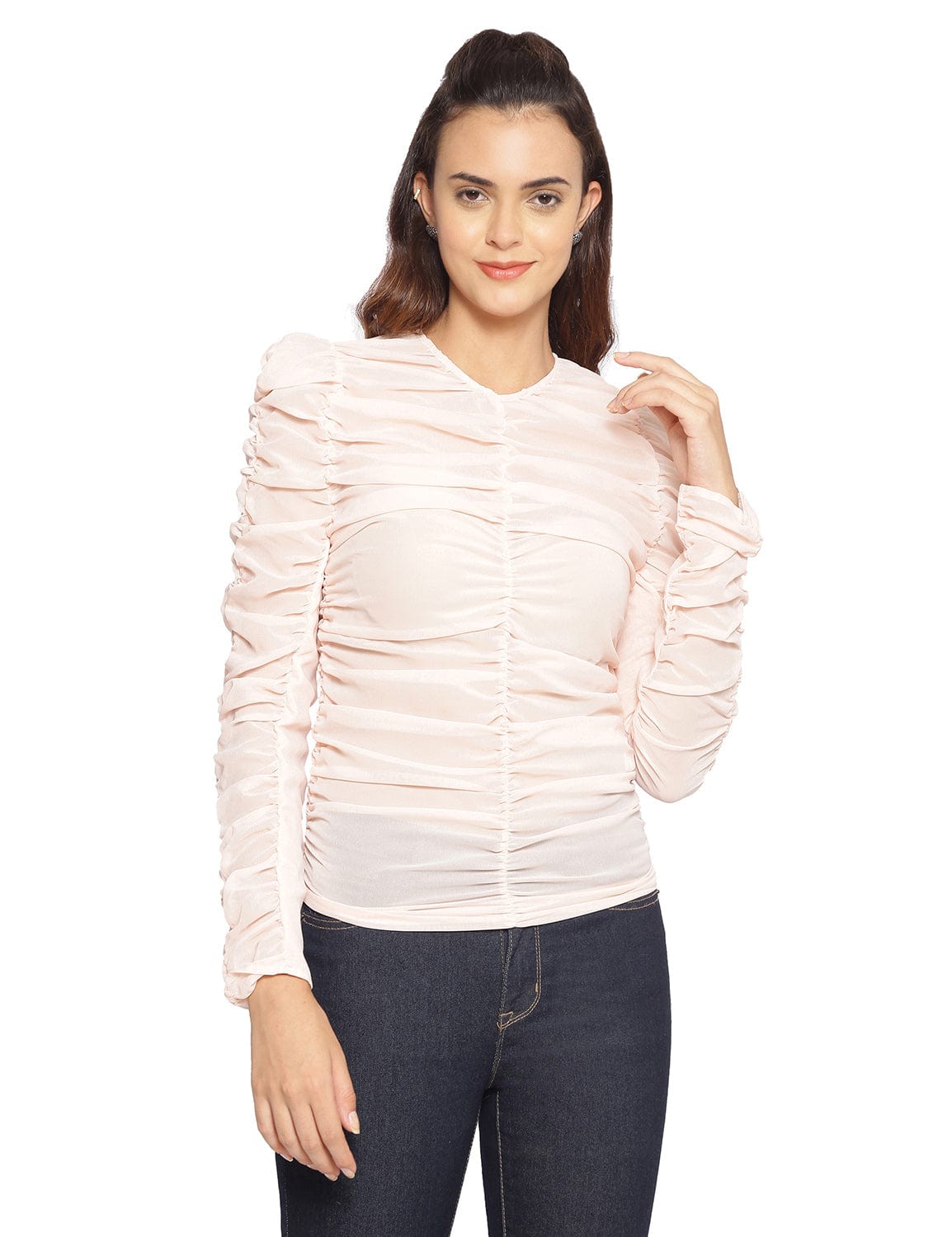 Baby Pink Semi-Sheer Shirred Top