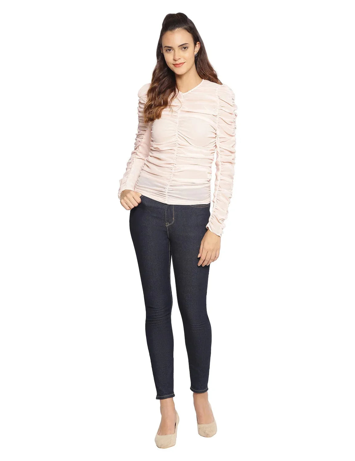 Baby Pink Semi-Sheer Shirred Top - oxolloxo