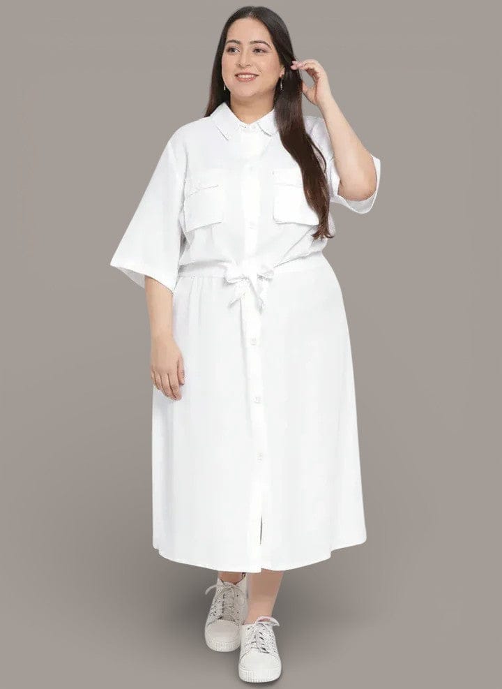 Basic White Plus Size Curvy Midi Shirt Dress For Women