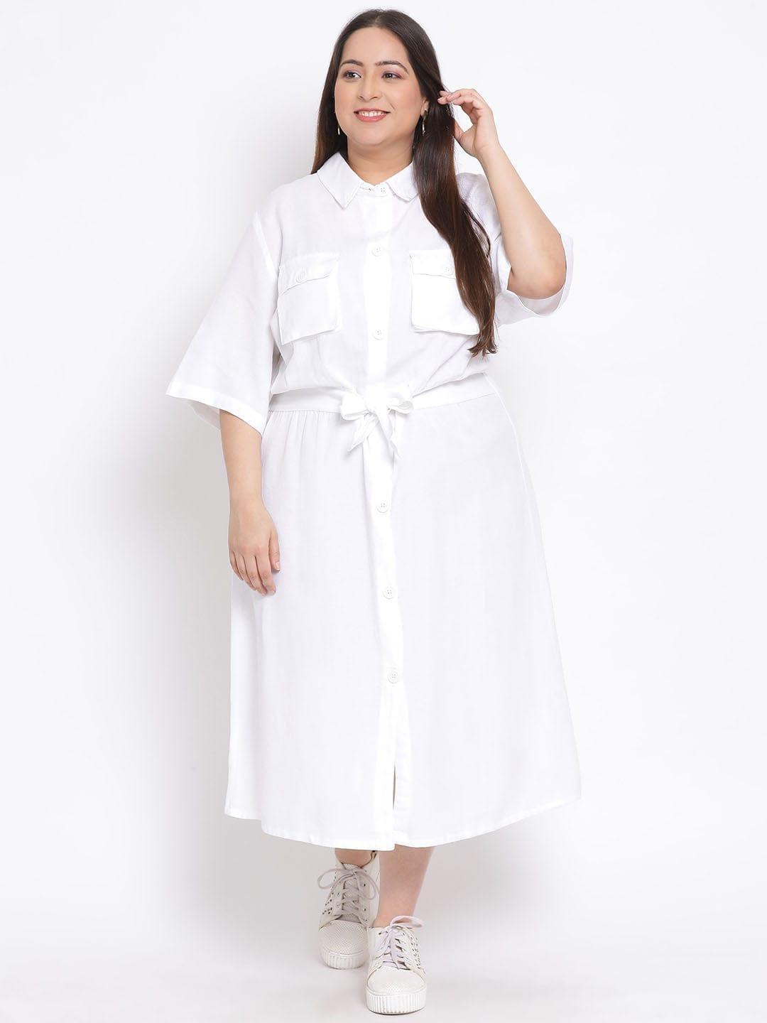 Basic White Plus Size Curvy Midi Shirt Dress For Women