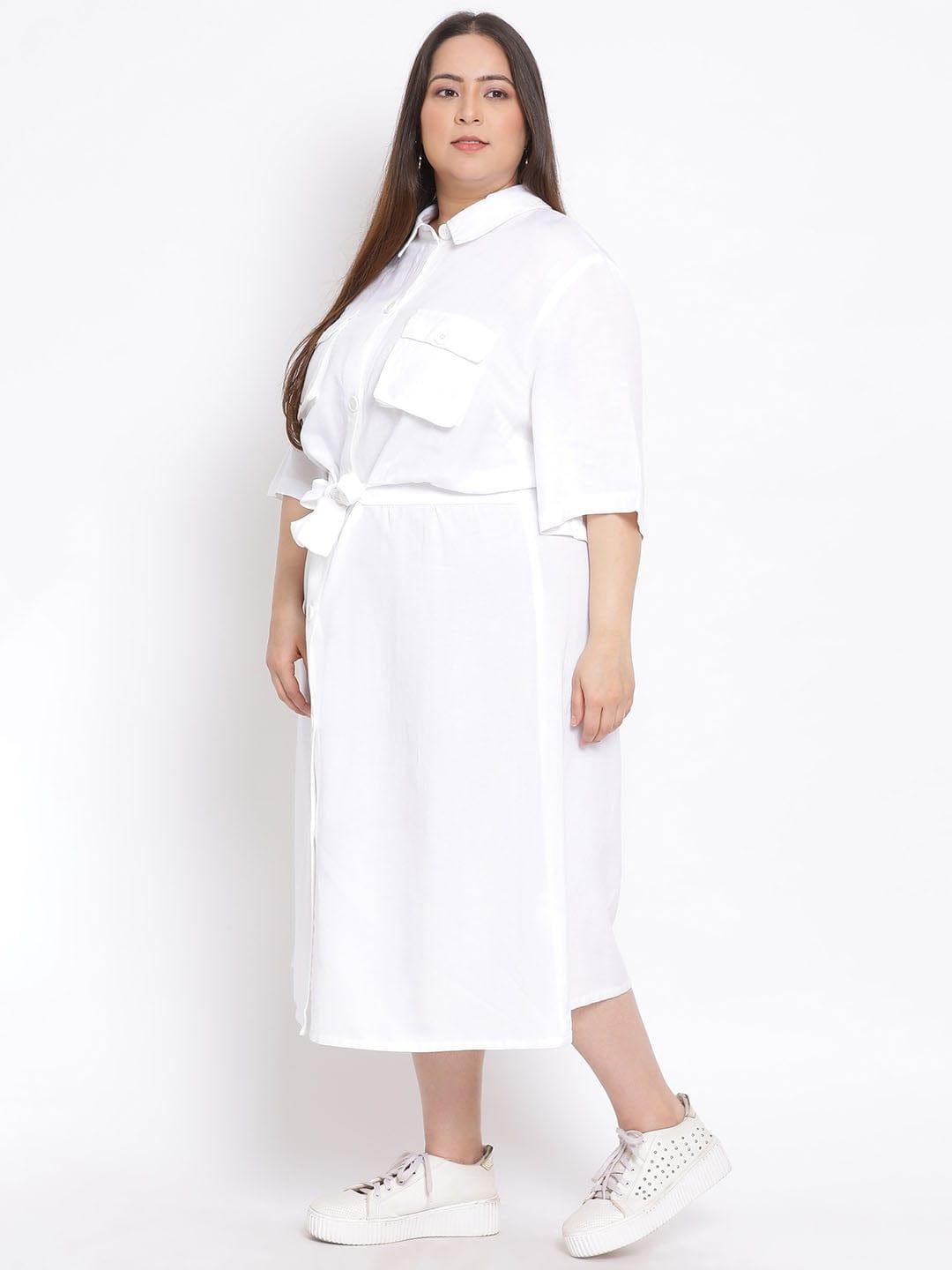 Basic White Plus Size Curvy Midi Shirt Dress For Women