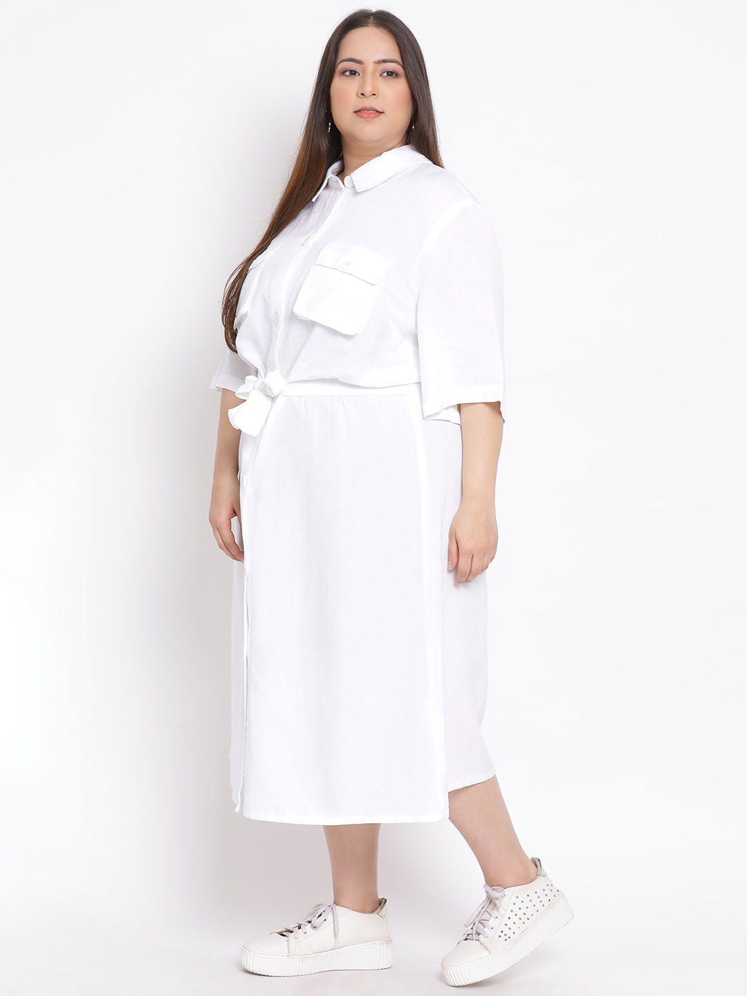 Basic White Plus Size Midi Shirt Dress For Women