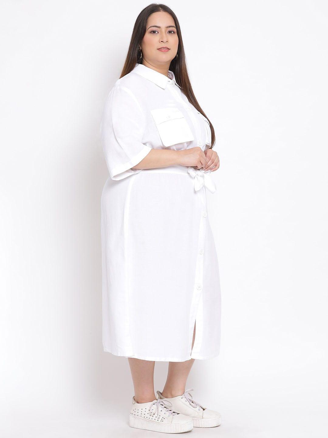 Basic White Plus Size Curvy Midi Shirt Dress For Women