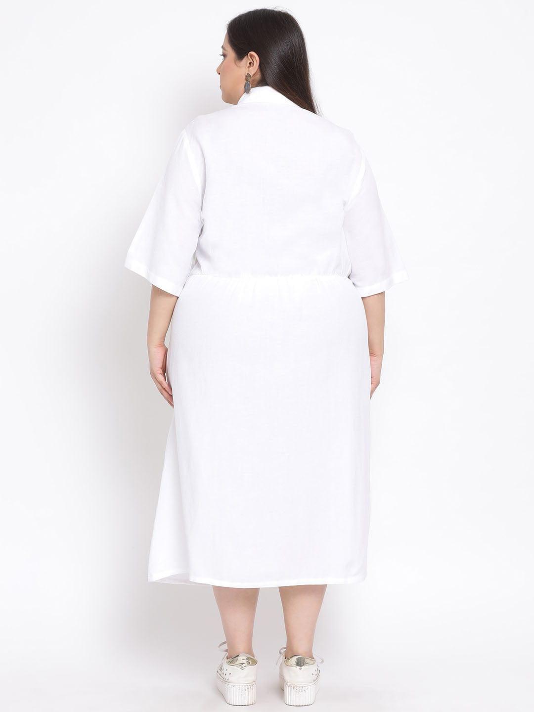 Basic White Plus Size Curvy Midi Shirt Dress For Women