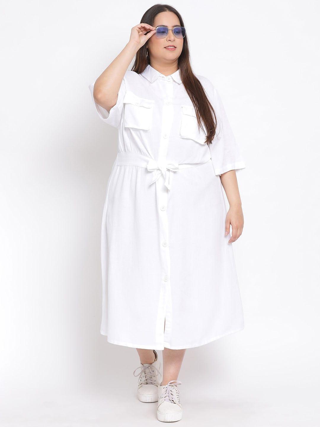 Basic White Plus Size Curvy Midi Shirt Dress For Women