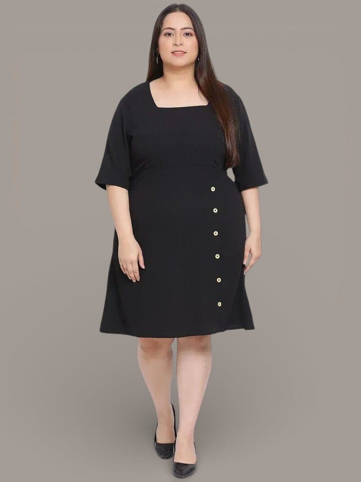 Plus Size Black Women's Casual Dress With Flared Hem