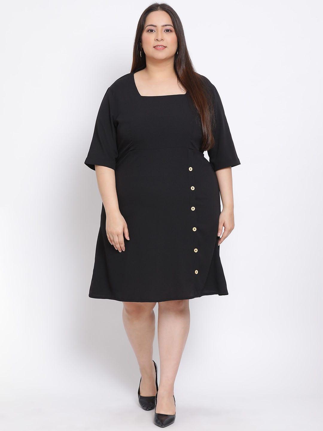 Black Basic Button Plus Size Curvy Dress For Everyday Style