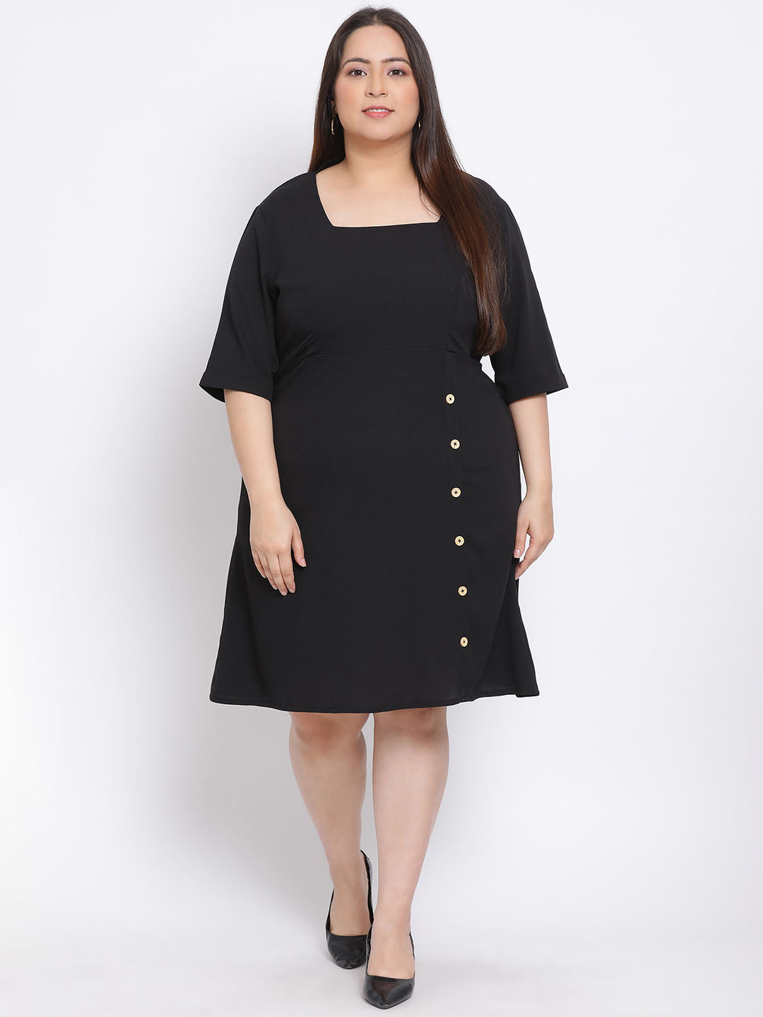 Black Basic Button Plus Size Dress For Everyday Style