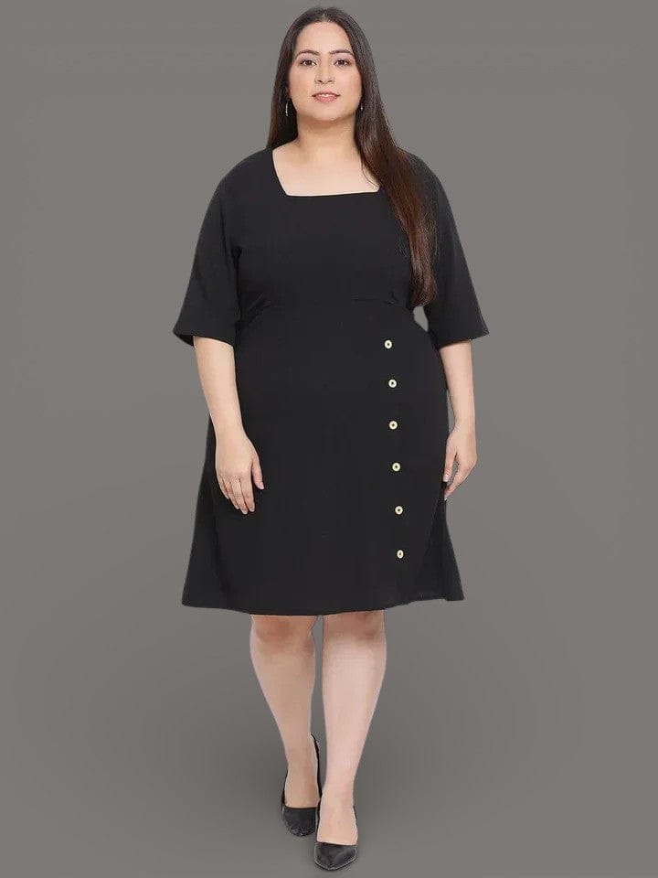 Plus Size Black Women's Casual Dress With Flared Hem