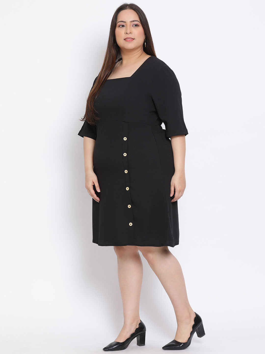 Black Basic Button Plus Size Dress For Everyday Style