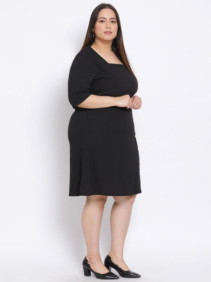 Black Basic Button Plus Size Dress For Everyday Style