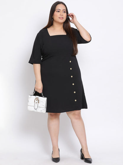 Black Basic Button Plus Size Dress For Everyday Style