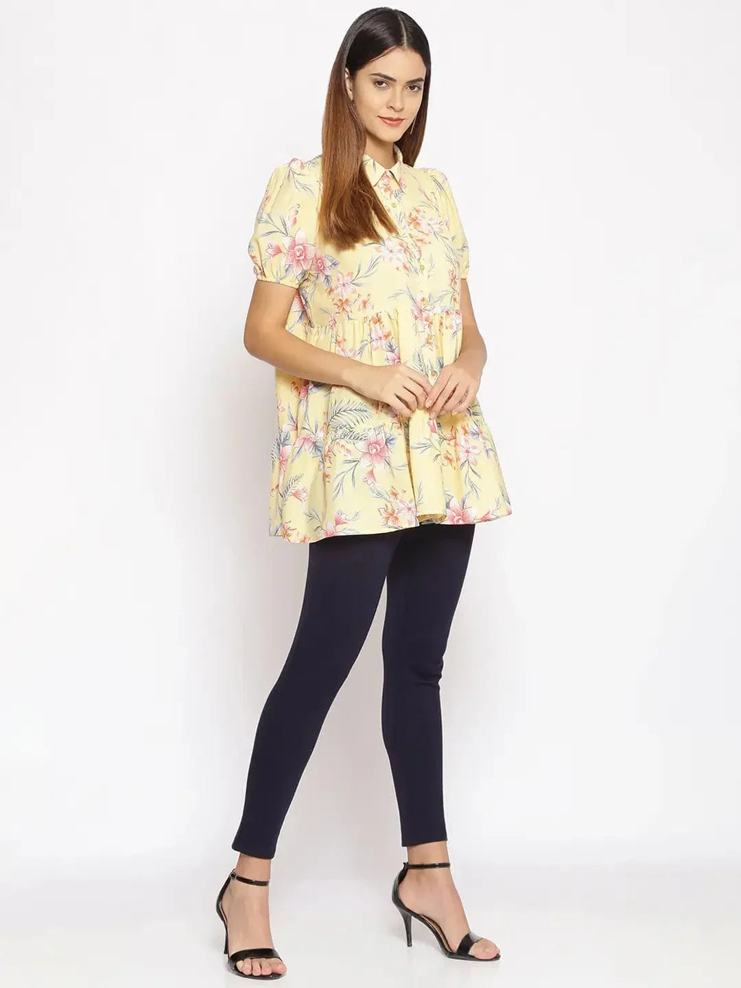 Light Yellow Floral Print Tunic - oxolloxo