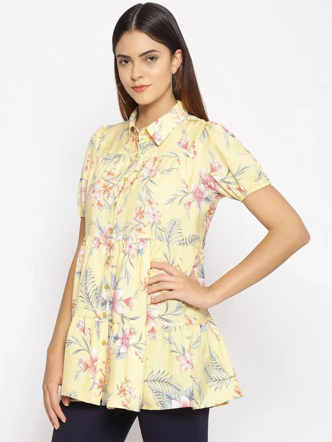 Light Yellow Floral Print Tunic - oxolloxo