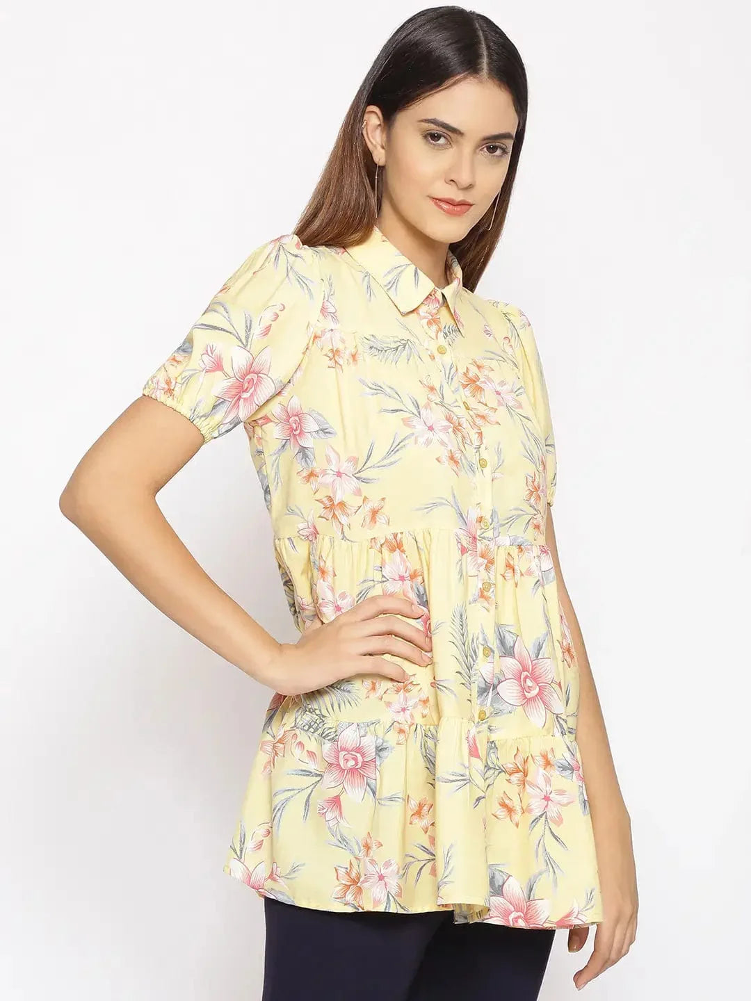 Light Yellow Floral Print Tunic - oxolloxo