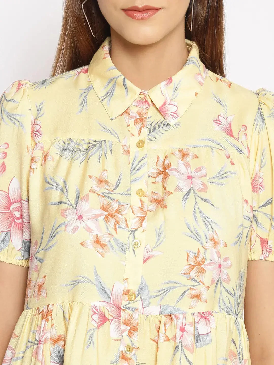 Light Yellow Floral Print Tunic - oxolloxo