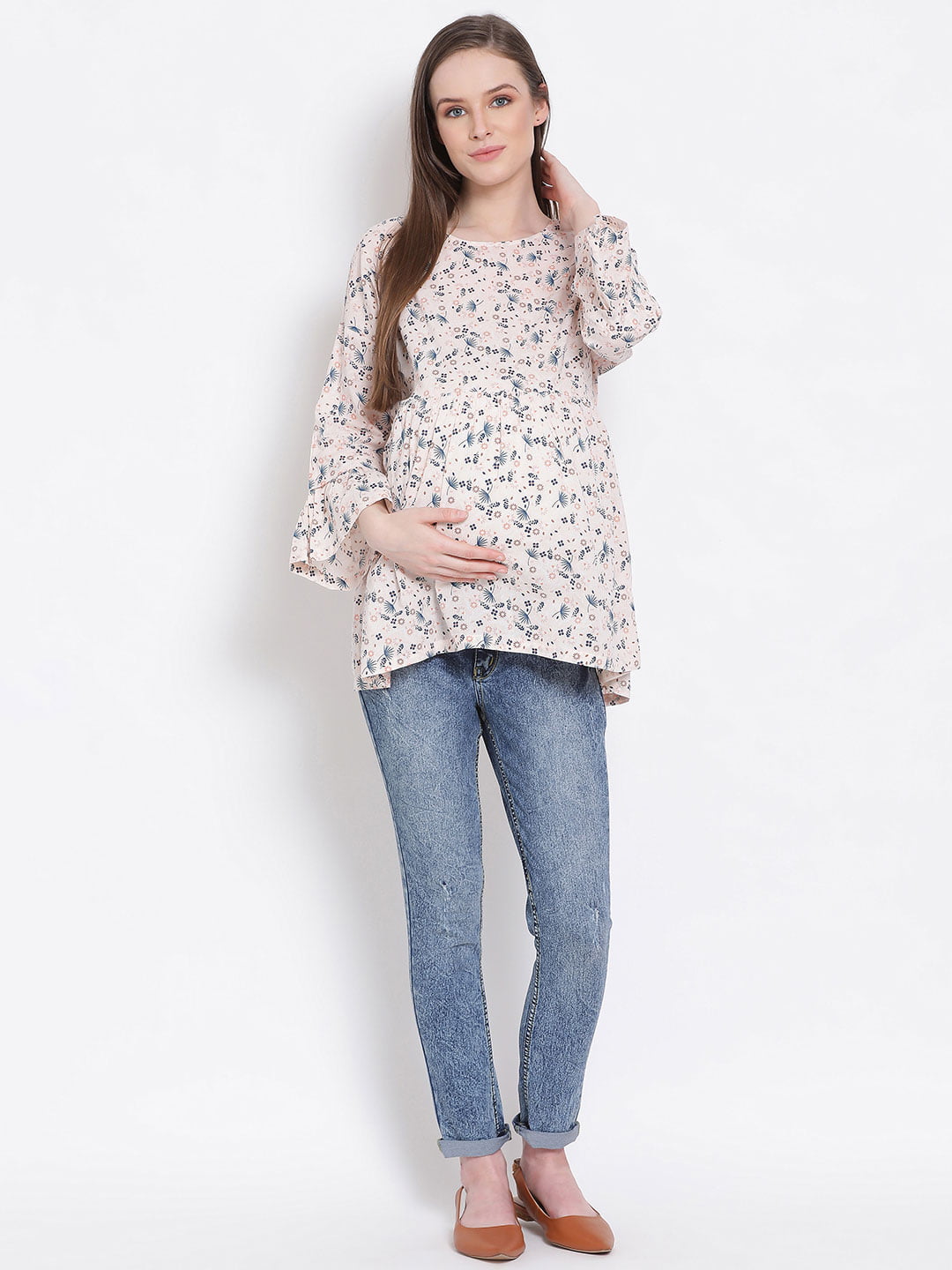 Floral Print Peach Maternity Top For Expecting Mothers Today