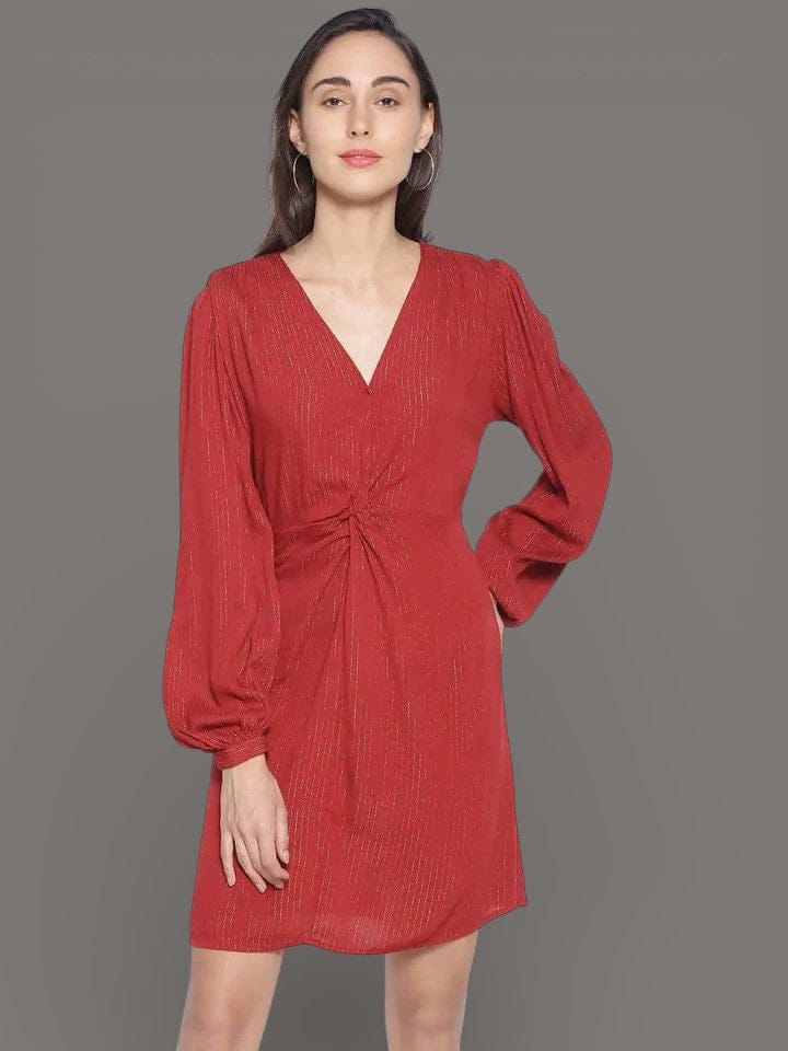 Red Lurex Stripe Dress - Tailored V-Neck Long Sleeve Party Wear Outfit