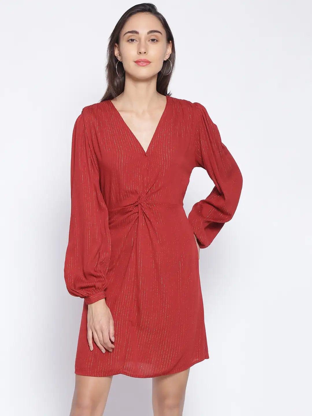 Brick Red Tailored Lurex Stripe Dress For Special Occasion Women Dress