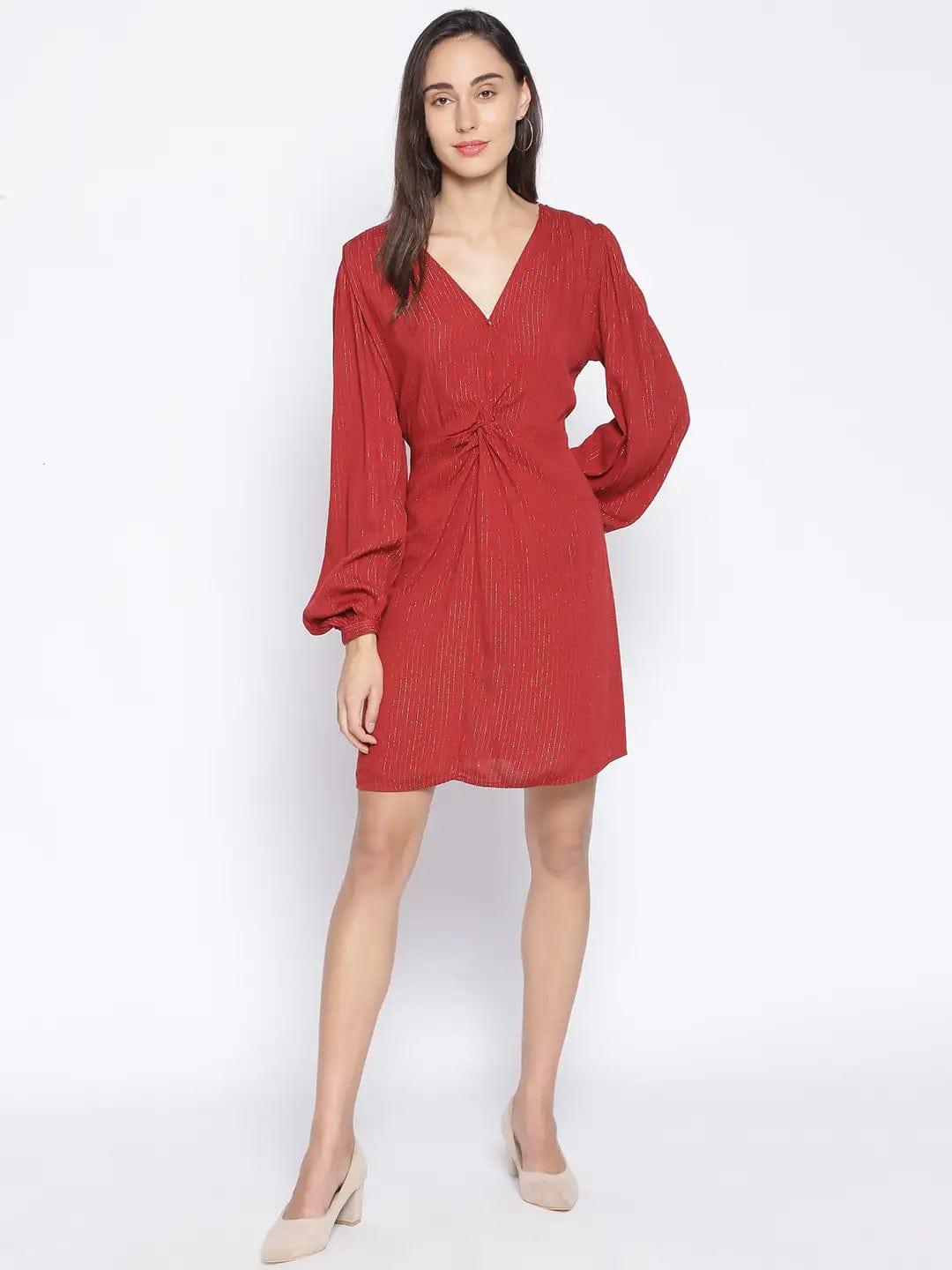 Brick Red Tailored Lurex Stripe Dress For Special Occasion Women Dress