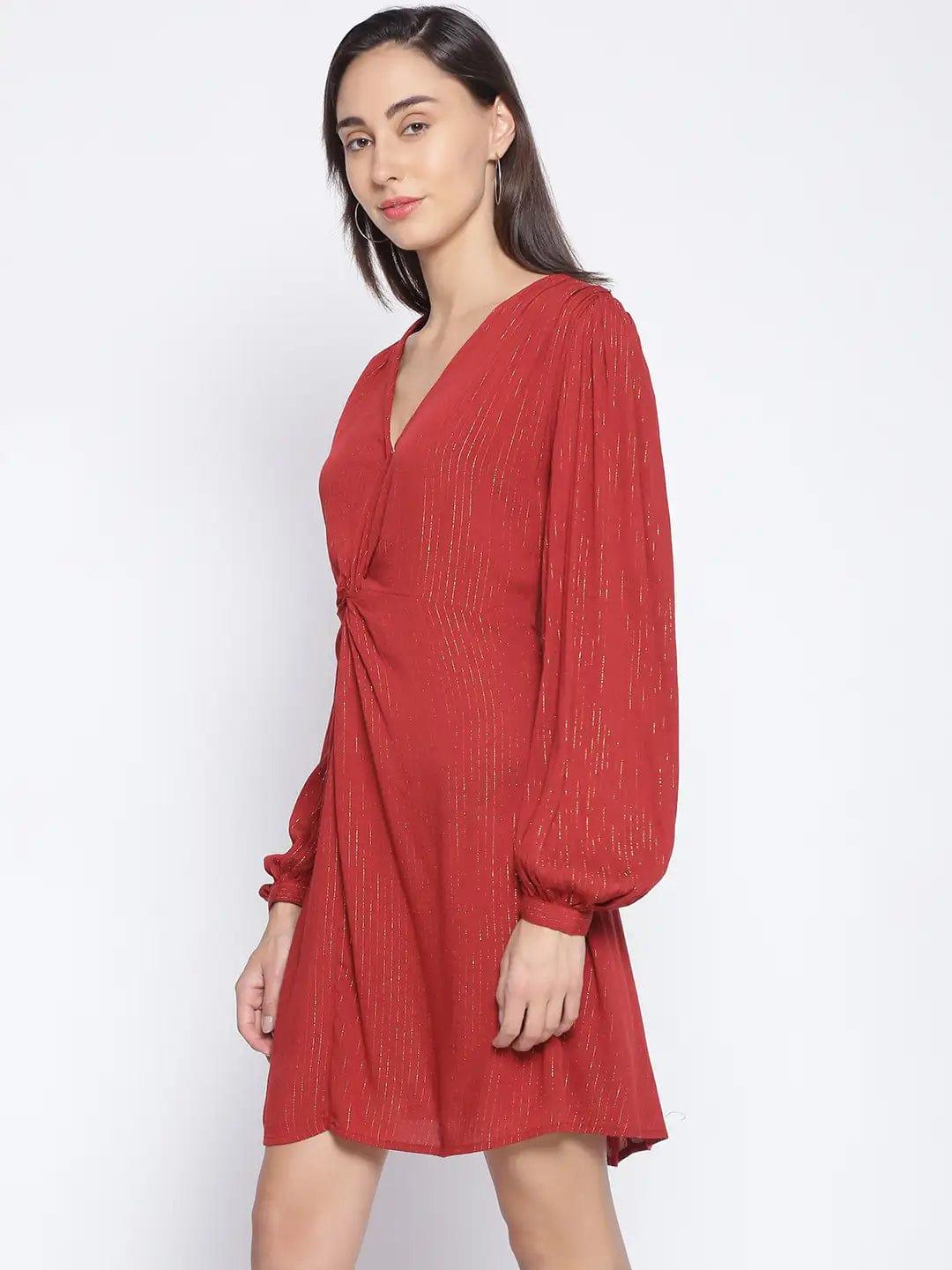 Brick Red Tailored Lurex Stripe Dress For Special Occasion Women Dress