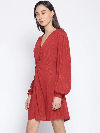 Brick Red Tailored Lurex Stripe Dress For Special Occasion