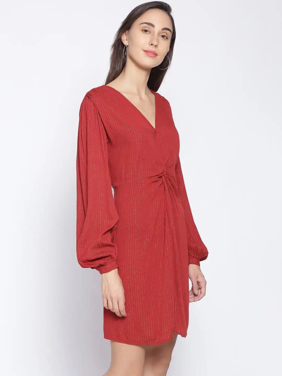 Brick Red Tailored Lurex Stripe Dress For Special Occasion Women Dress