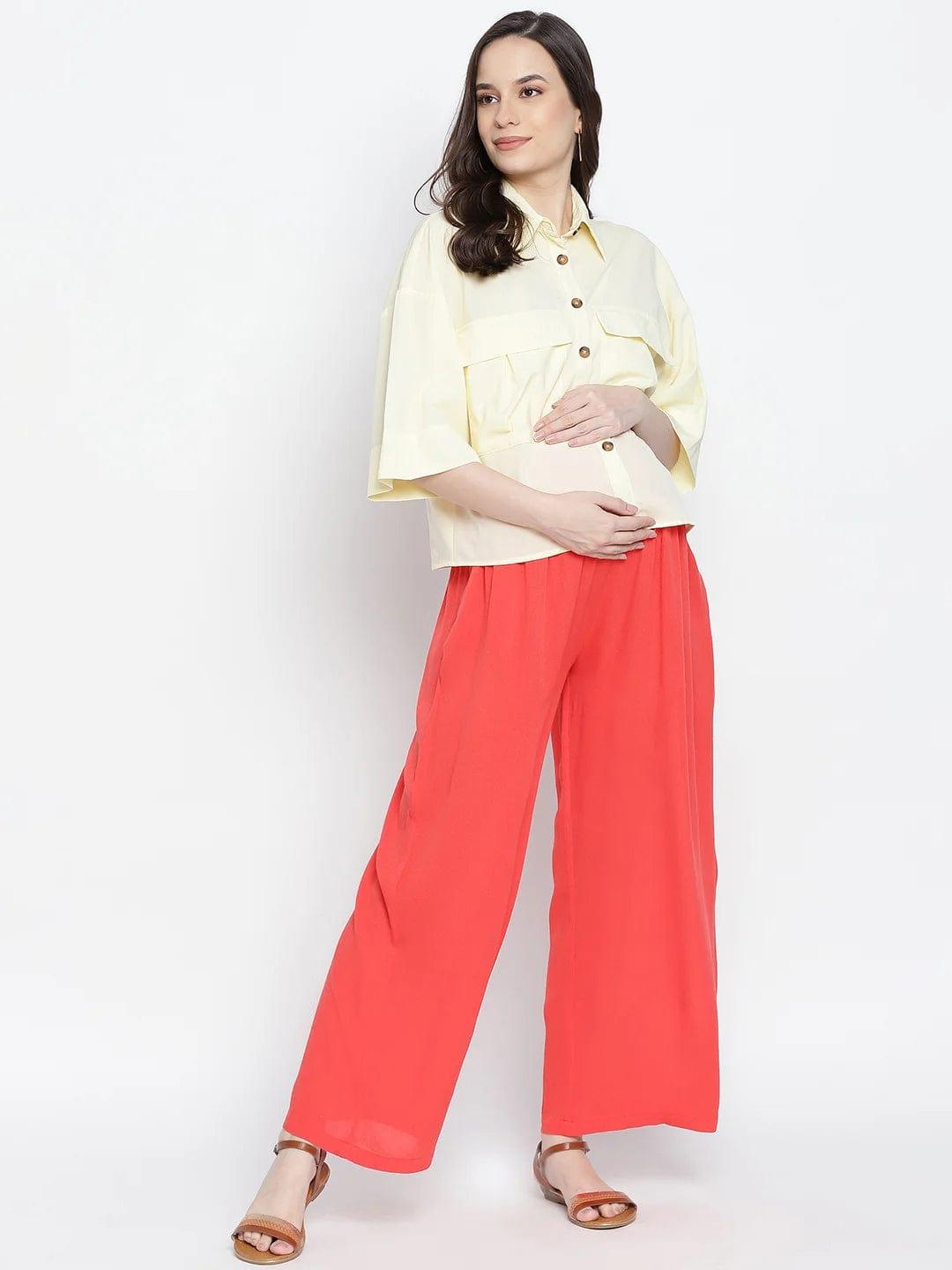 Ruby Red Flush Maternity Smocking Waist Pants For Expecting Moms