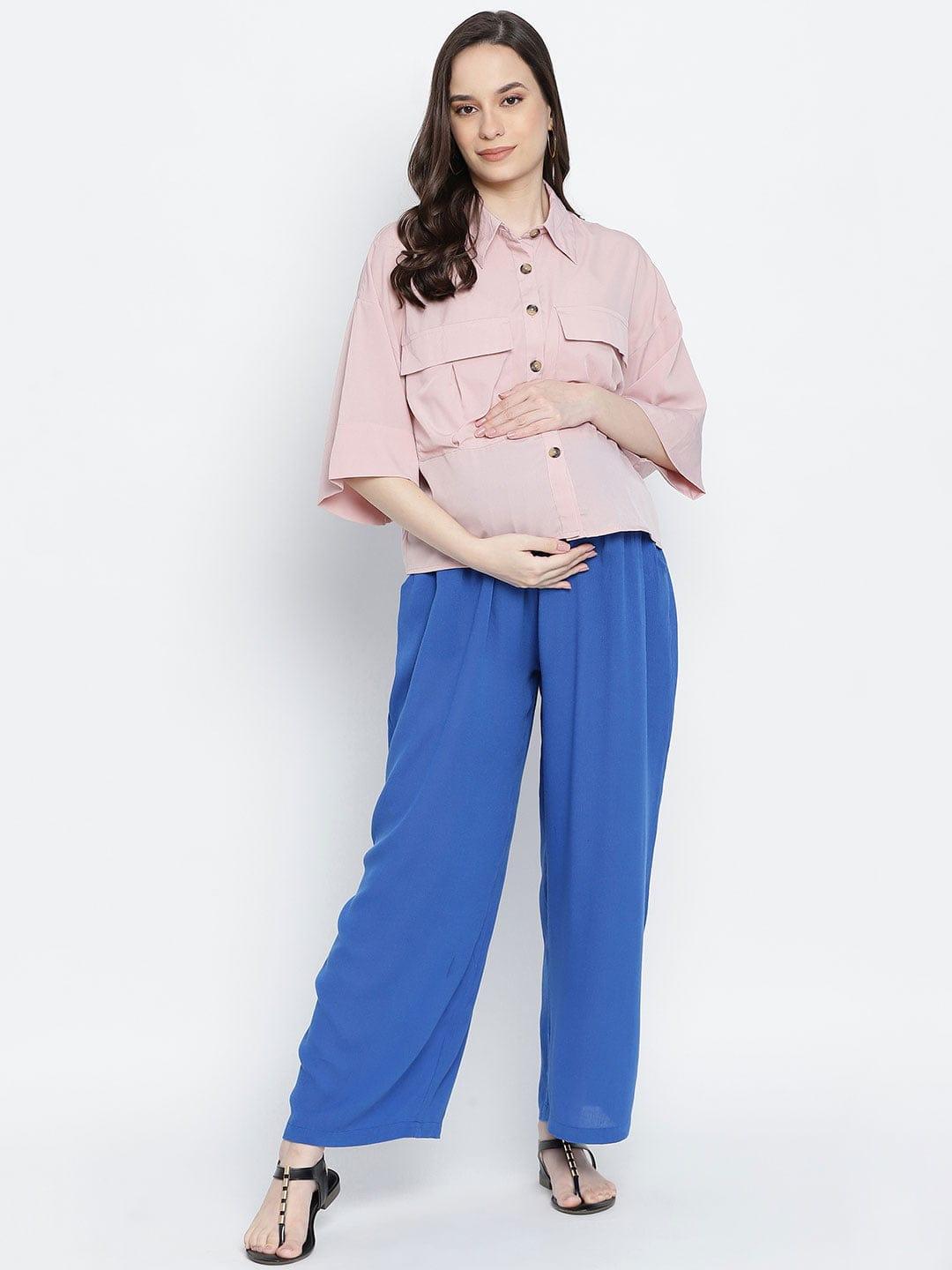 Blast Aqua Blue Maternity Smocking Waist Pants For Women