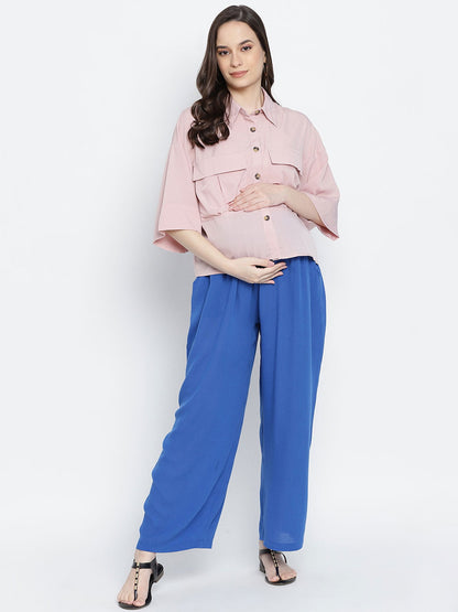 Blast Aqua Blue Maternity Smocking Waist Pants For Women