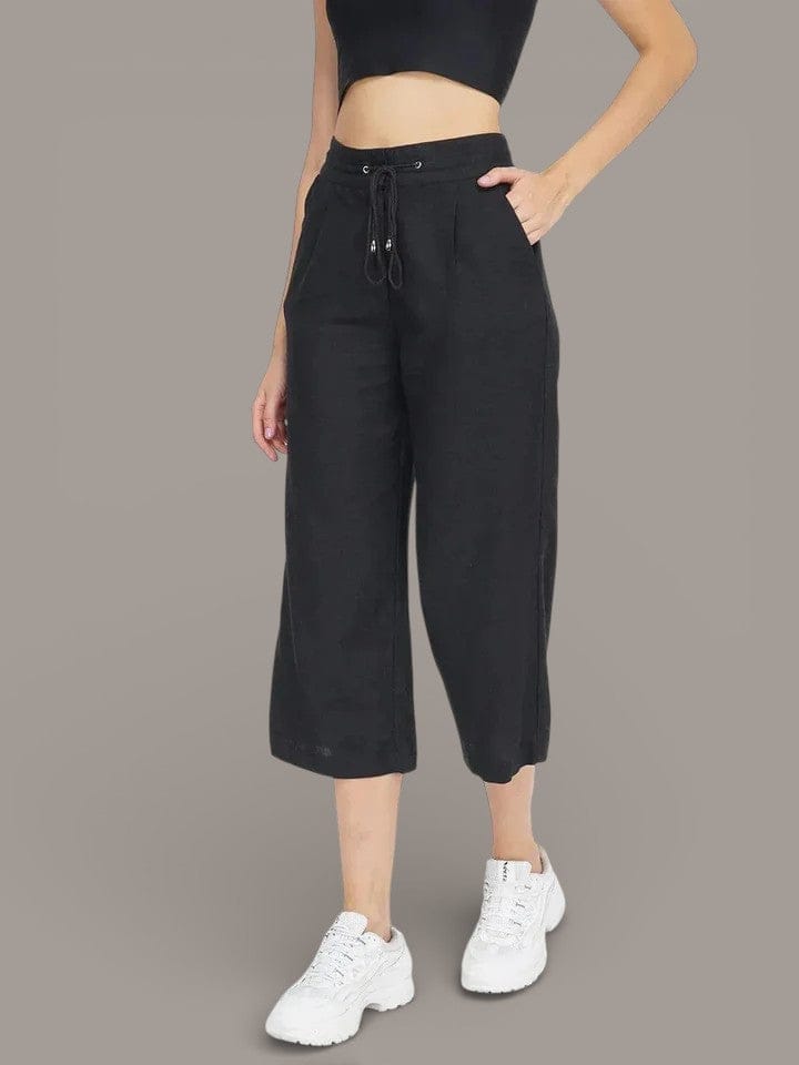 Solid Black Women's Trouser Linen Blend Pant For Comfortable Fit
